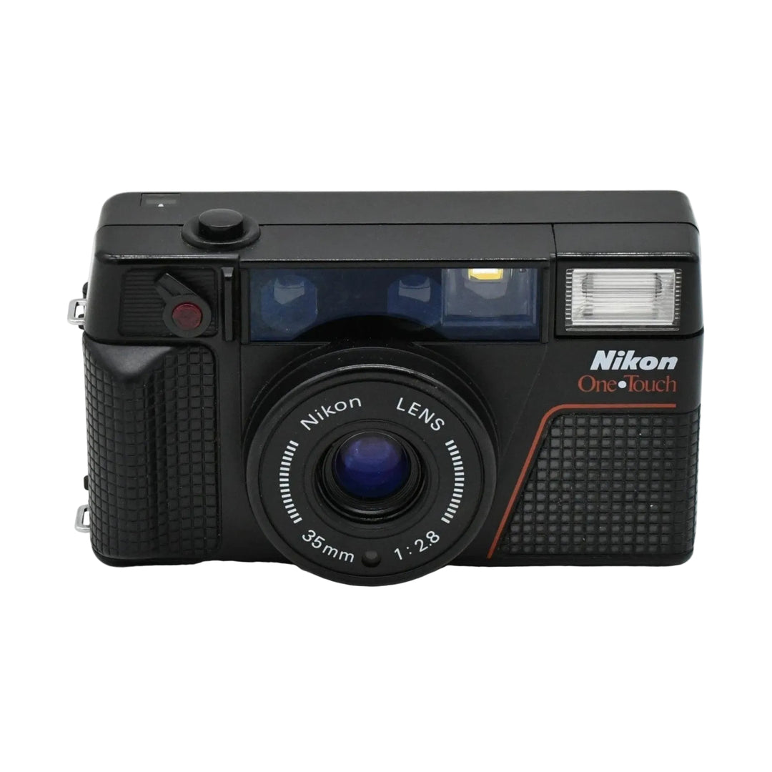Front view of black Nikon One Touch L35AF II compact film camera by ClubCamera.com showing blue lens glass