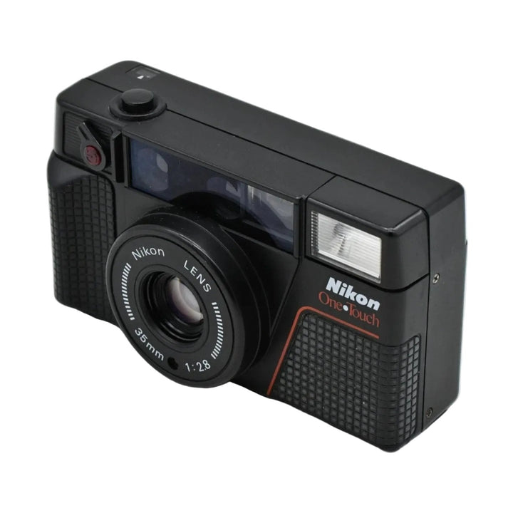 Black Nikon One Touch L35AF II film camera by ClubCamera.com with textured grip and red-accented logo
