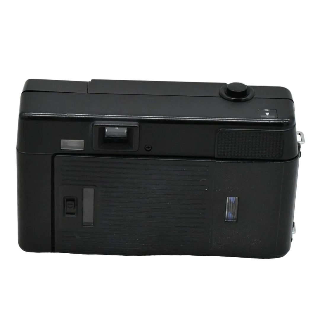 Rear view of black Nikon One Touch L35AF II film camera by ClubCamera.com with ribbed back panel and rewind crank