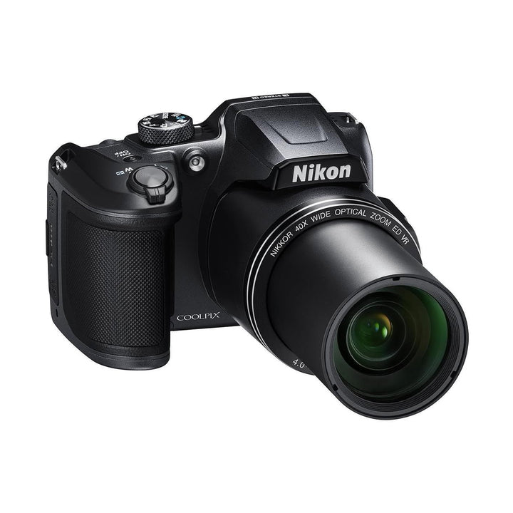 ClubCamera.com black Nikon COOLPIX B500 side angle displaying extended 40x optical zoom lens