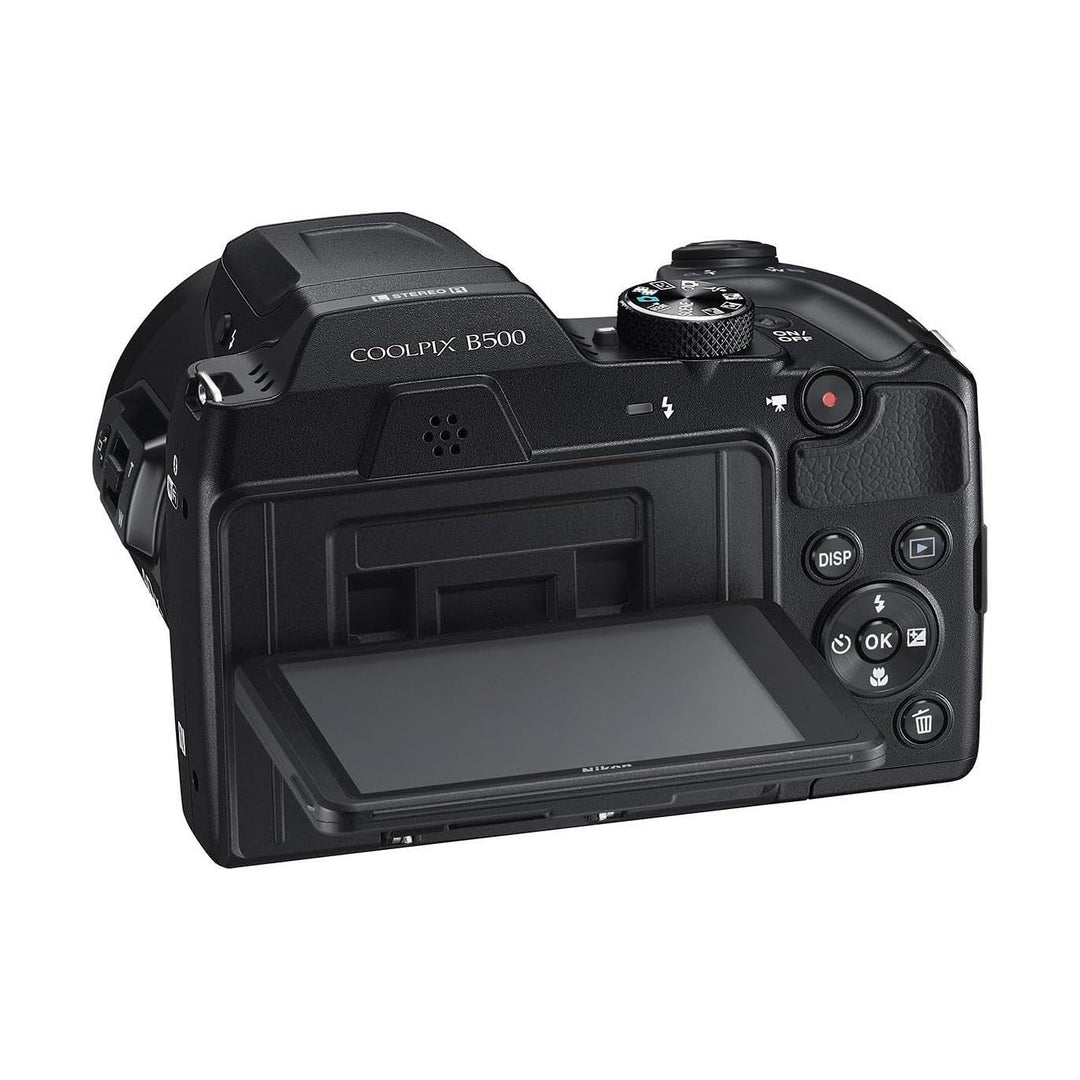 ClubCamera.com black Nikon COOLPIX B500 rear view with tilted 3-inch LCD screen and control buttons