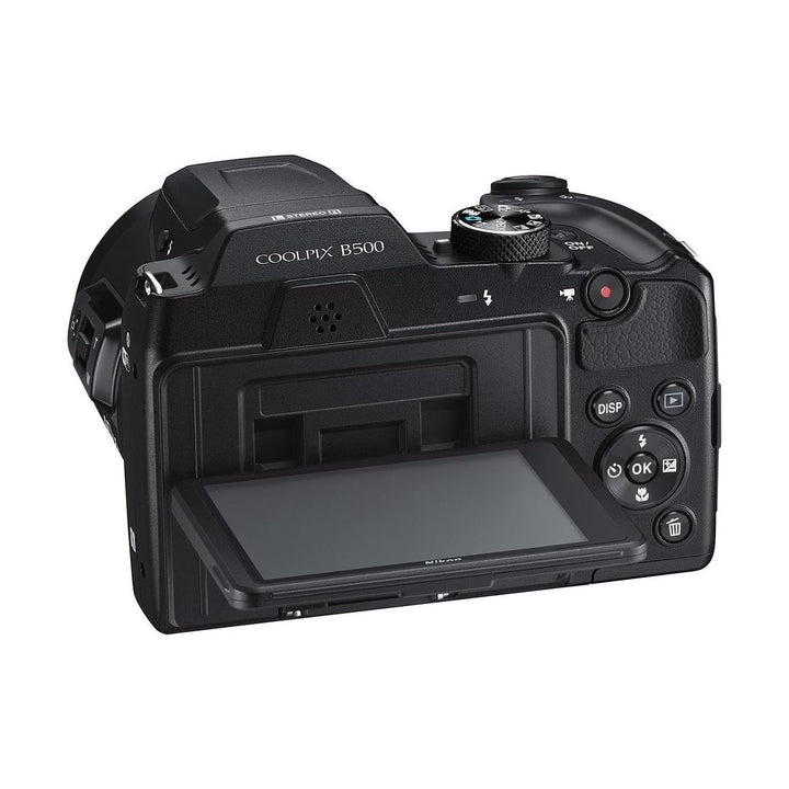 ClubCamera.com black Nikon COOLPIX B500 rear view with tilted 3-inch LCD screen and control buttons
