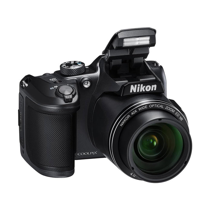 ClubCamera.com black Nikon COOLPIX B500 front view with raised flash and NIKKOR 40x zoom lens