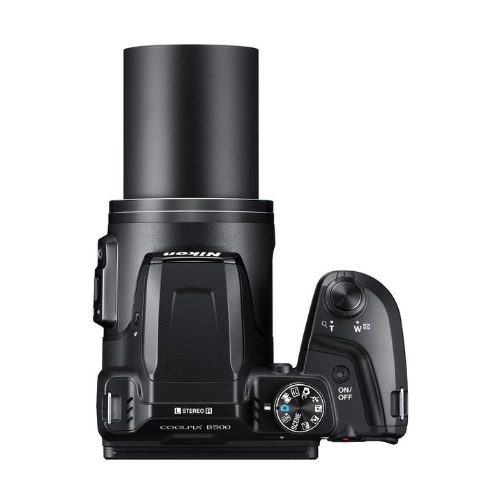 ClubCamera.com black Nikon COOLPIX B500 top-down shot highlighting lens barrel and power switch