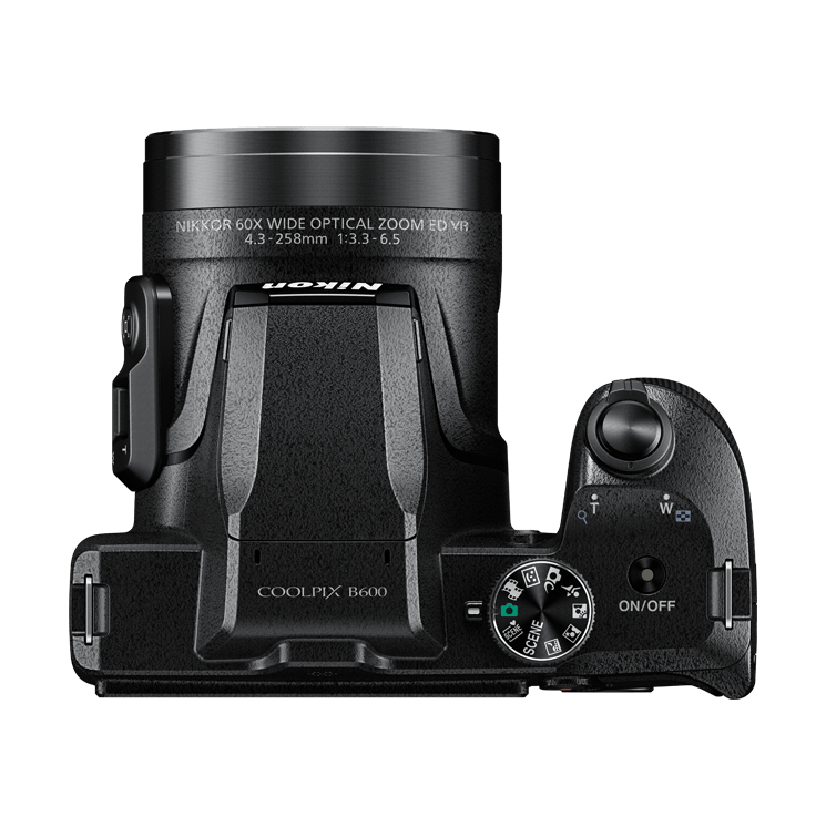 ClubCamera.com top-down view of black Nikon COOLPIX B600 mode dial and shutter button details