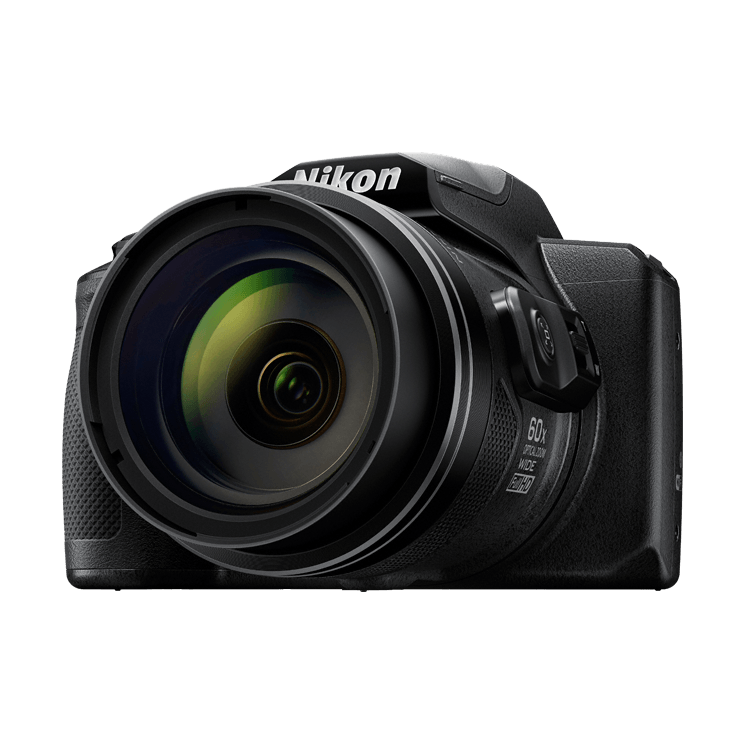 ClubCamera.com close-up of black Nikon COOLPIX B600 lens showing green coatings and 60x optical zoom text