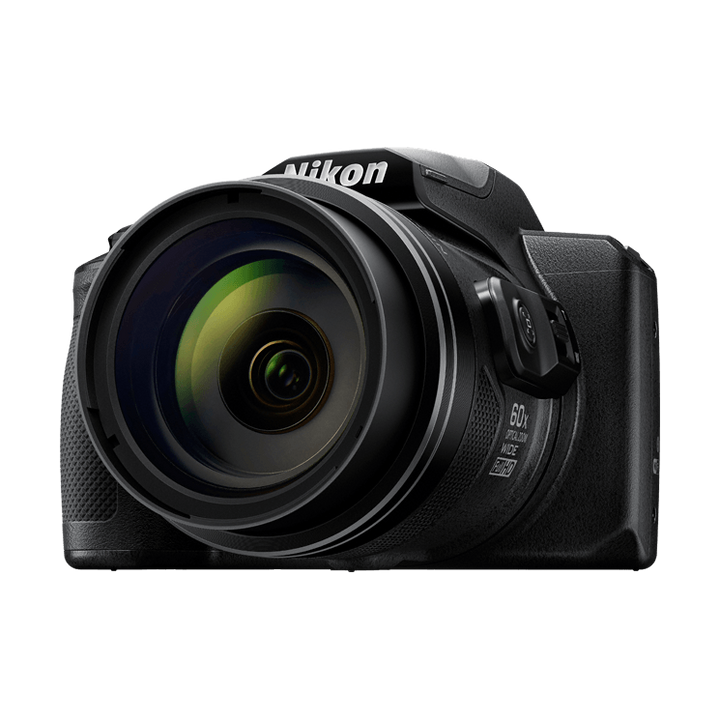 ClubCamera.com close-up of black Nikon COOLPIX B600 lens showing green coatings and 60x optical zoom text