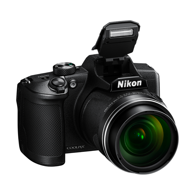 ClubCamera.com black Nikon COOLPIX B600 front-three-quarter with raised flash and NIKKOR 60x zoom lens