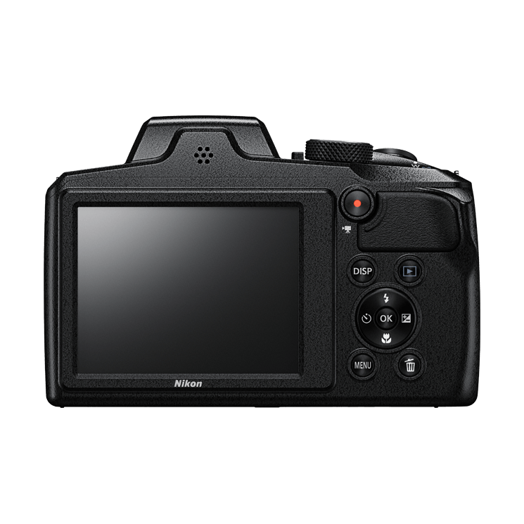 ClubCamera.com black Nikon COOLPIX B600 back view with textured grip and 3-inch LCD screen