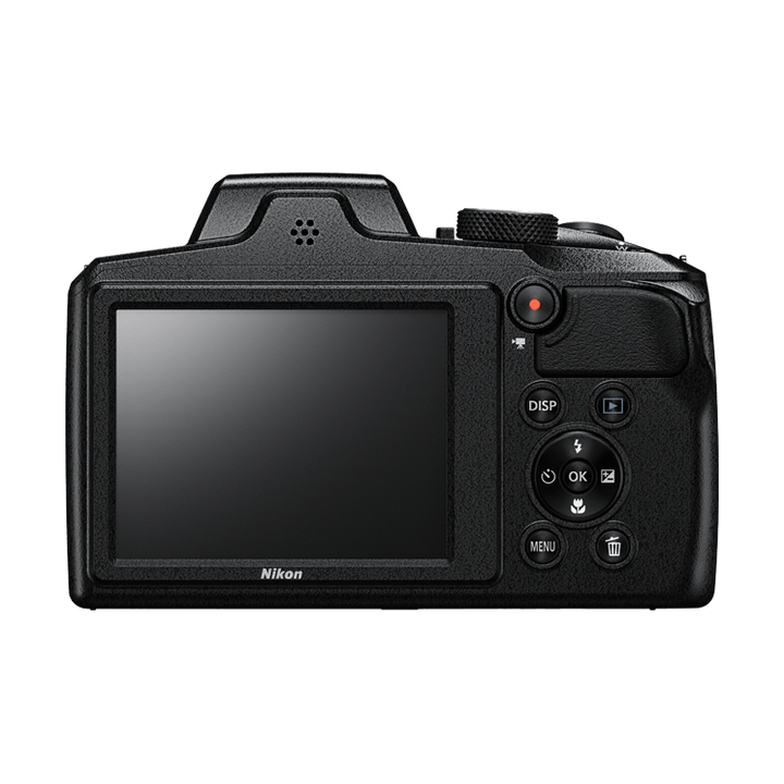 ClubCamera.com black Nikon COOLPIX B600 back view with textured grip and 3-inch LCD screen
