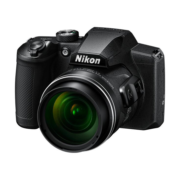 ClubCamera.com black Nikon COOLPIX B600 three-quarter angle with extended zoom lens and engraved specs