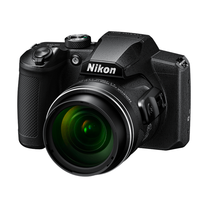 ClubCamera.com black Nikon COOLPIX B600 three-quarter angle with extended zoom lens and engraved specs