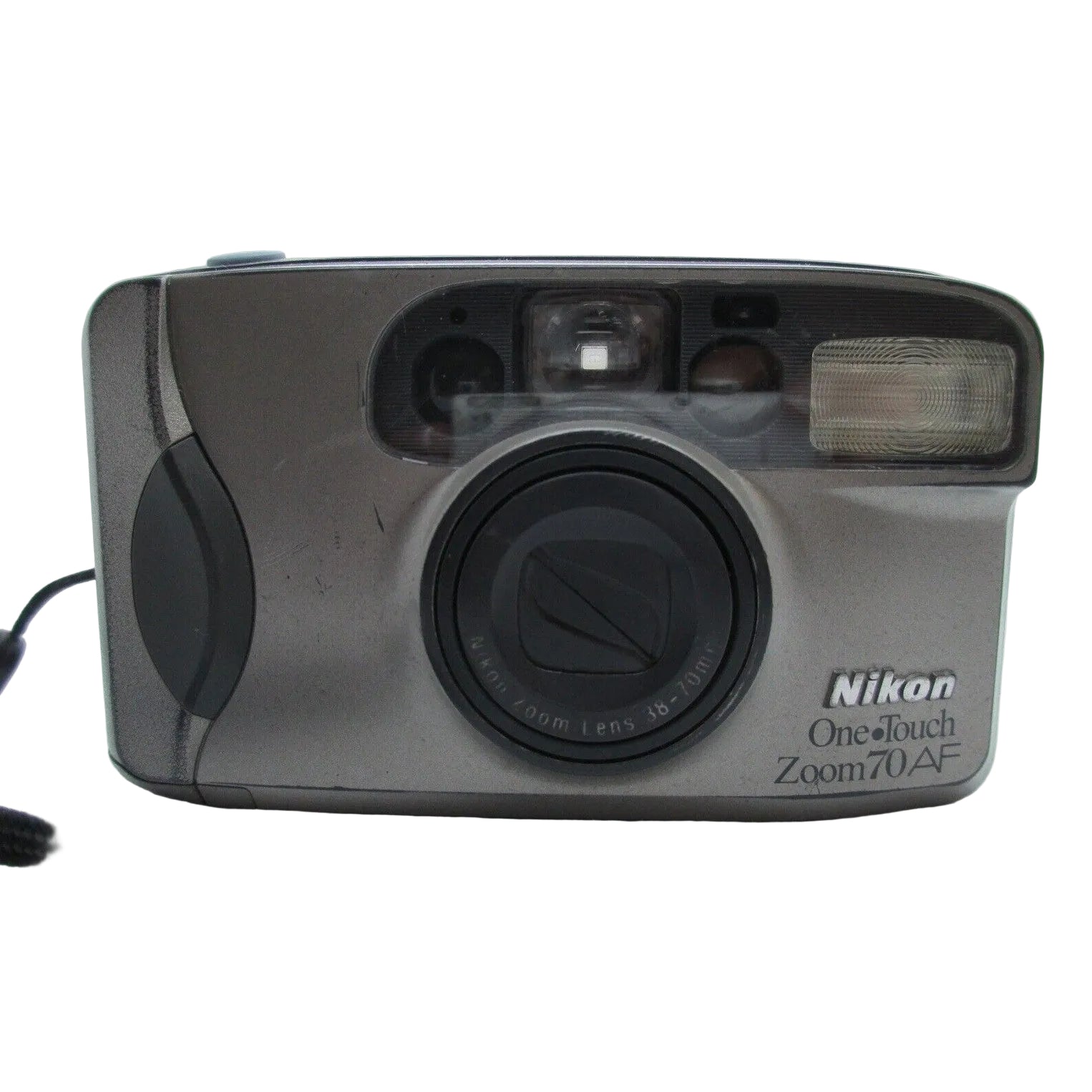 ClubCamera.com silver Nikon One Touch Zoom 70 AF film camera front view with textured body and wrist strap
