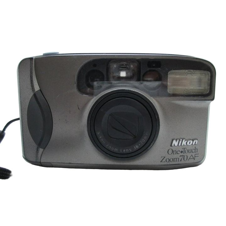 ClubCamera.com silver Nikon One Touch Zoom 70 AF film camera front view with textured body and wrist strap