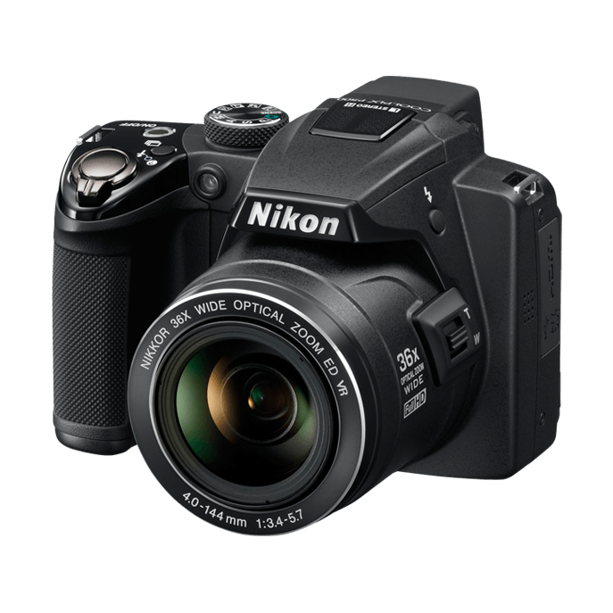 Black Nikon COOLPIX P500 by ClubCamera.com profile view highlighting T/W zoom lever and ED VR lens