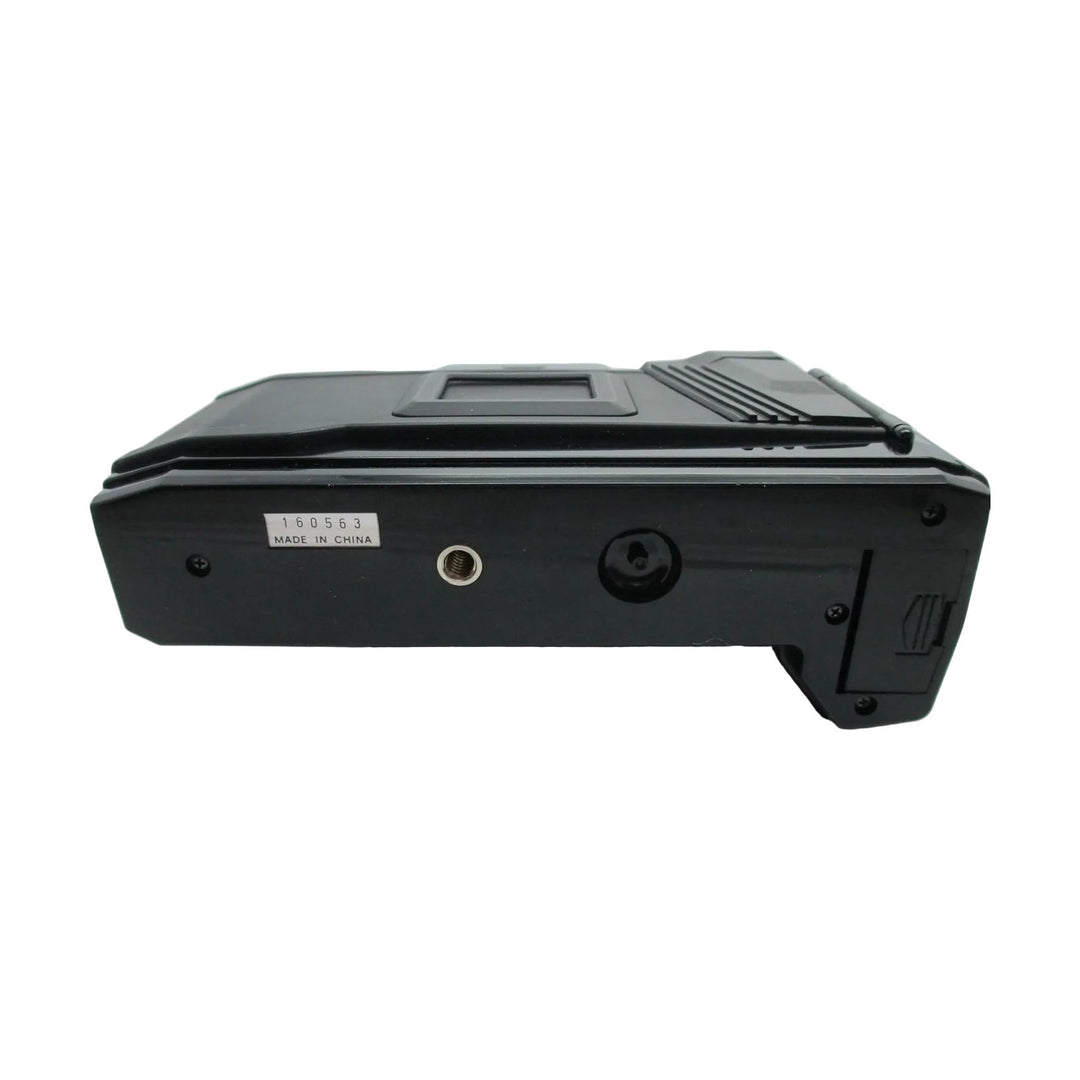 Side view black Nishika N8000 3D lenticular film camera with ribbed grip and tripod mount at ClubCamera.com