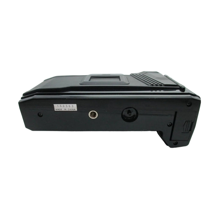 Side view black Nishika N8000 3D lenticular film camera with ribbed grip and tripod mount at ClubCamera.com