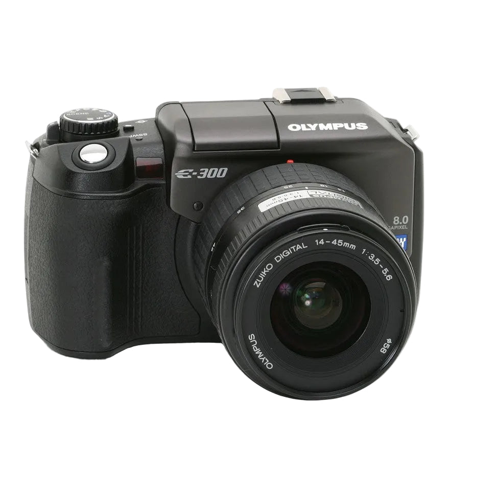 Olympus Evolt E-300 DSLR camera in black with Zuiko Digital 14-45mm lens at ClubCamera.com