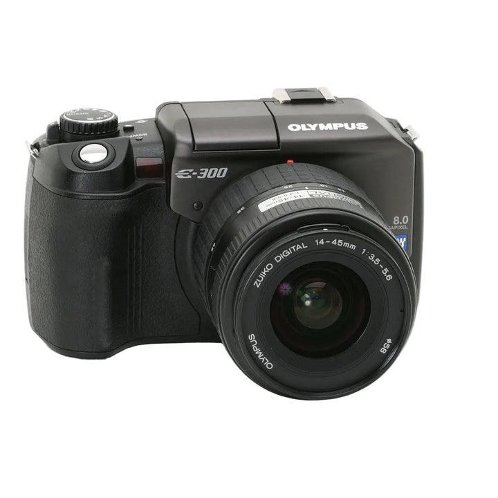 Olympus Evolt E-300 DSLR camera in black with Zuiko Digital 14-45mm lens at ClubCamera.com