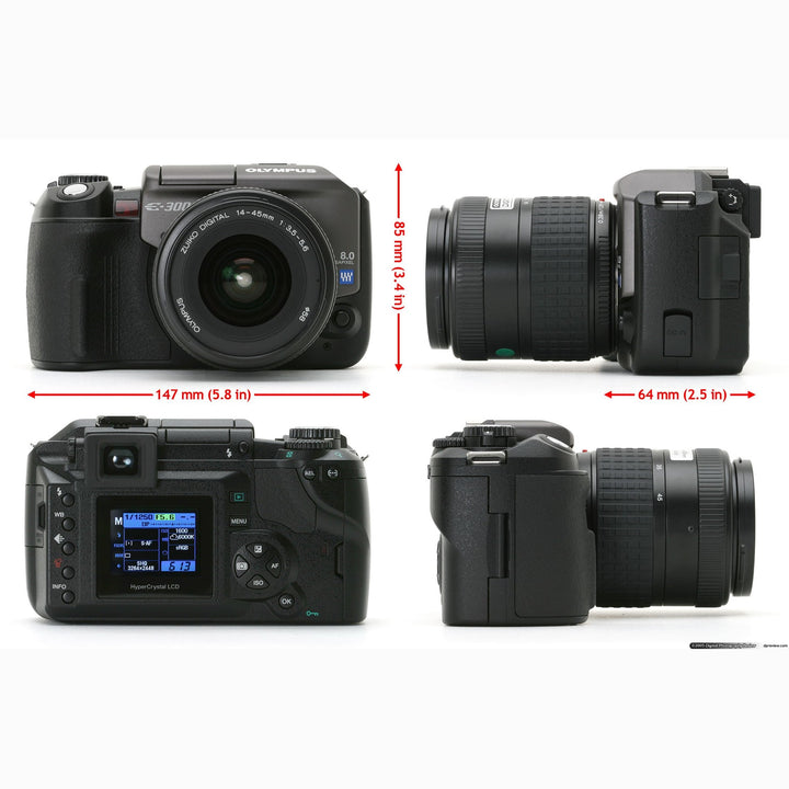 Olympus Evolt E-300 DSLR dimension diagram with 14-45mm lens specs at ClubCamera.com