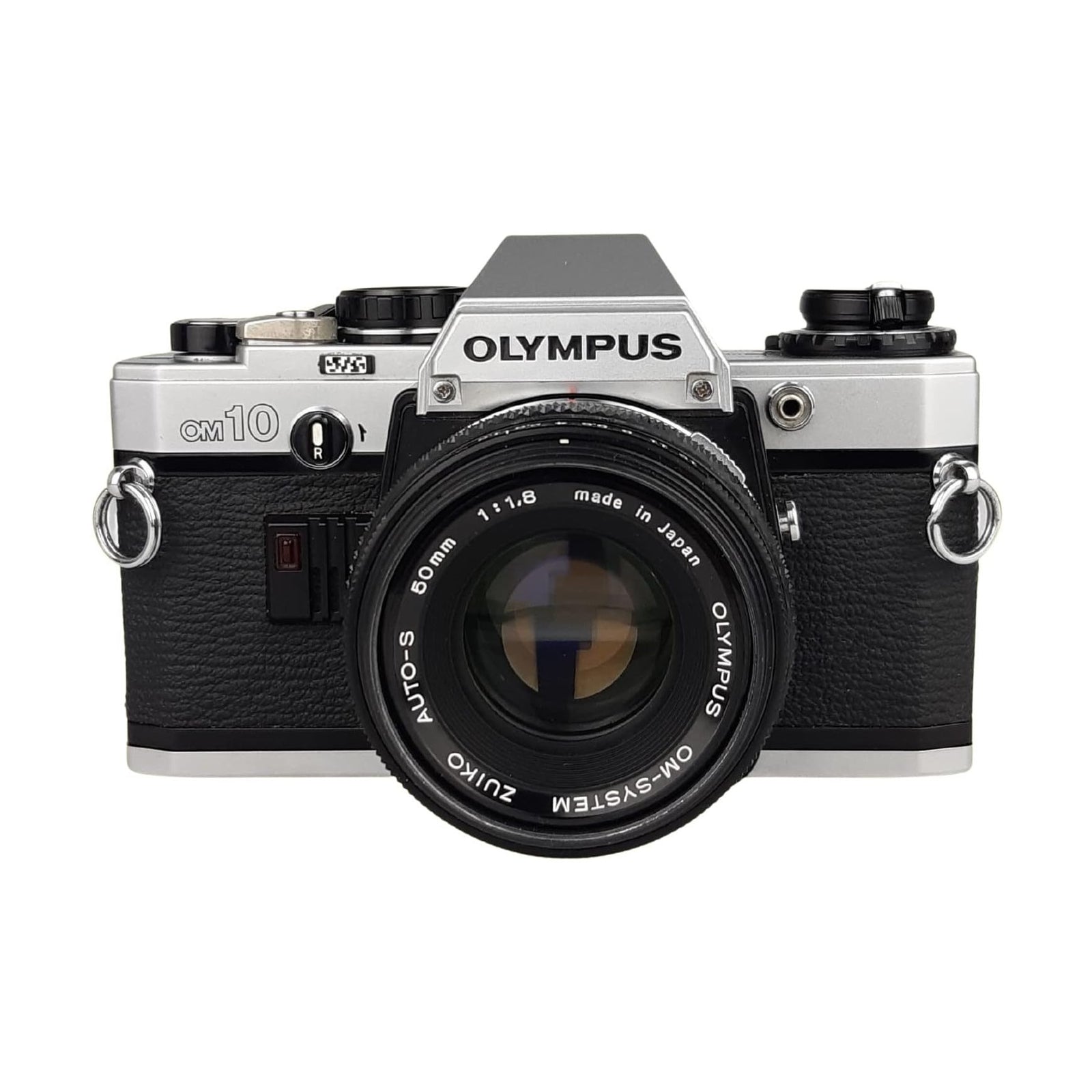 ClubCamera full front view of silver Olympus OM-10 SLR film camera with red rewind indicator and Zuiko 50mm lens