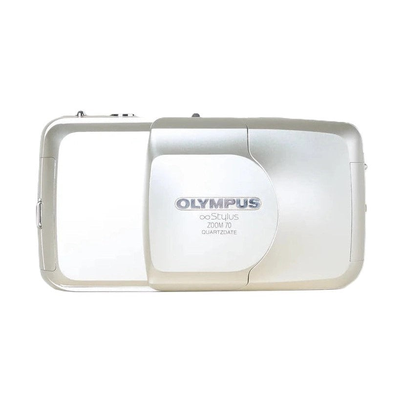 Silver Olympus Stylus Zoom 70 QuartzDate film camera rear view with sliding clamshell cover open at ClubCamera.com