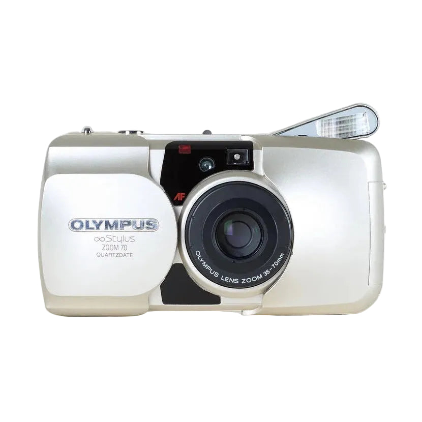 Olympus Stylus Zoom 70 QuartzDate silver film camera with open clamshell and extended flash by ClubCamera.com