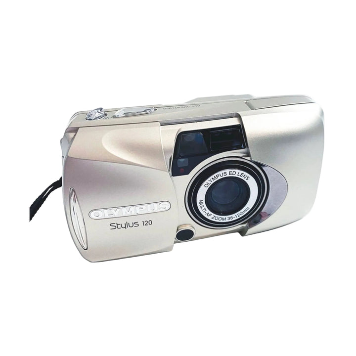 Front view of silver Olympus Stylus 120 38-120mm zoom lens camera with flash at ClubCamera.com