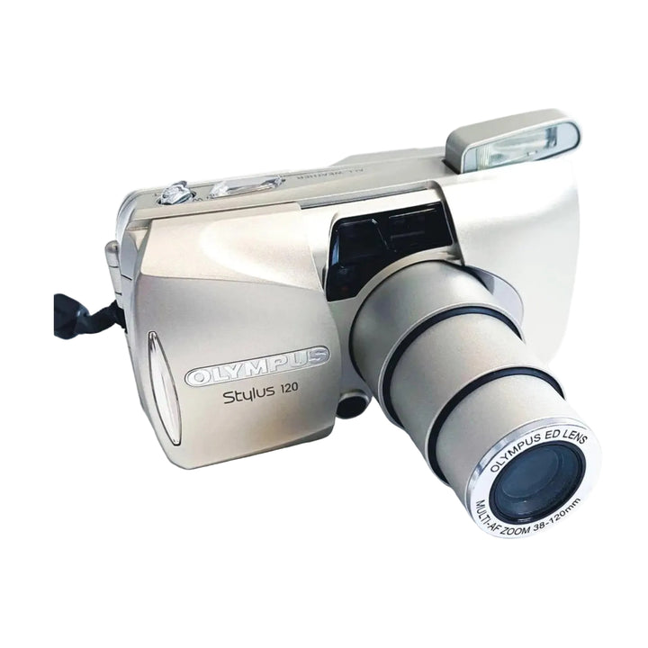 Extended zoom lens on silver Olympus Stylus 120 point-and-shoot film camera at ClubCamera.com