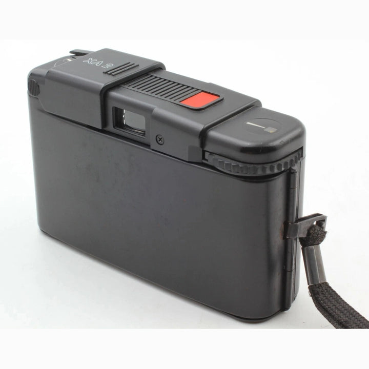 Black matte Olympus XA2 compact film camera with closed clamshell cover and wrist strap at ClubCamera.com