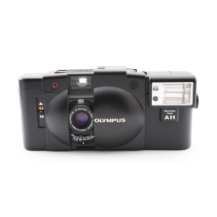 Olympus XA black film camera with gold logo and A11 flash by ClubCamera.com