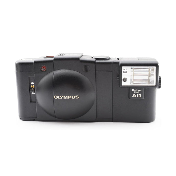 Rear shot of black Olympus XA with gold branding and mounted A11 flash at ClubCamera.com