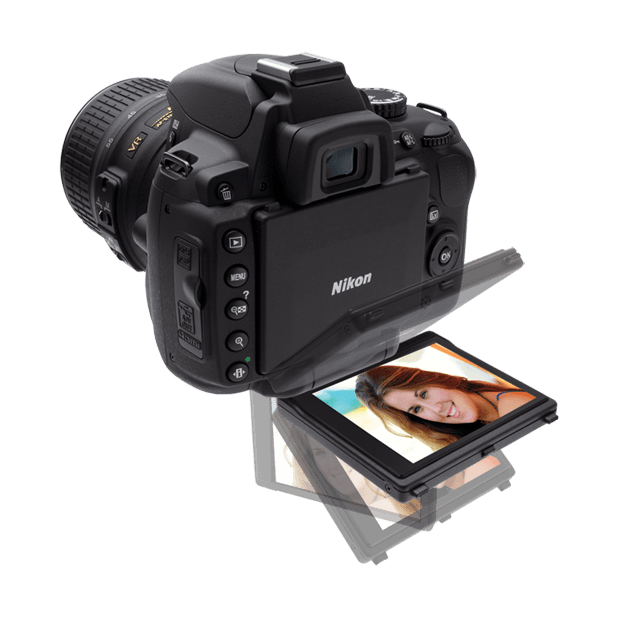 Tilt-and-swivel LCD screen on black Nikon D5000 DSLR for flexible angles at ClubCamera.com