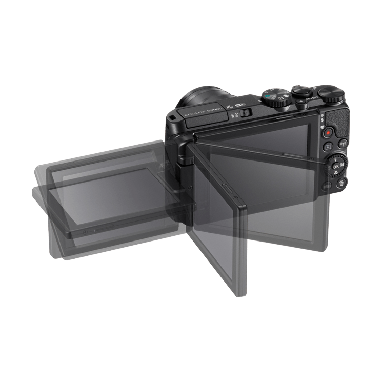 ClubCamera.com rear view of black Nikon Coolpix S9900 showing articulated LCD screen hinge flexibility and control layout