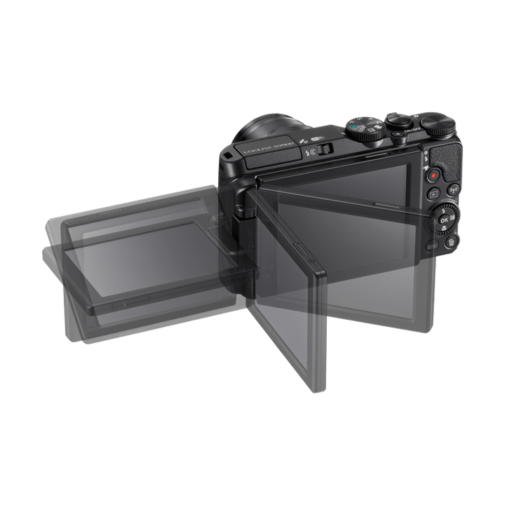 ClubCamera.com rear view of black Nikon Coolpix S9900 showing articulated LCD screen hinge flexibility and control layout