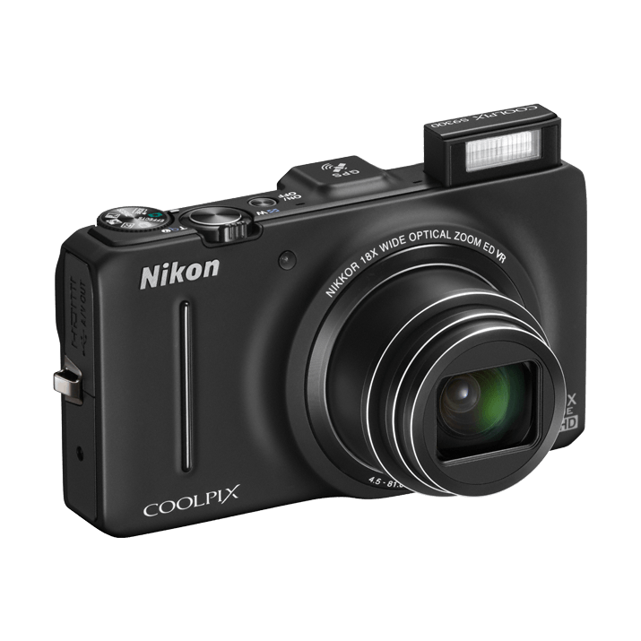 Nikon Coolpix S9300 black camera with raised pop-up flash for low light by ClubCamera.com