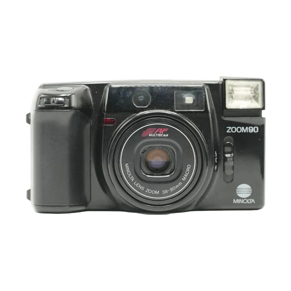ClubCamera.com front shot of black Minolta Freedom Zoom 90 featuring AF Multibeam lens and flash