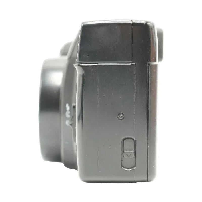ClubCamera.com left side of black Minolta Freedom Zoom 90 with extended zoom barrel and shutter release