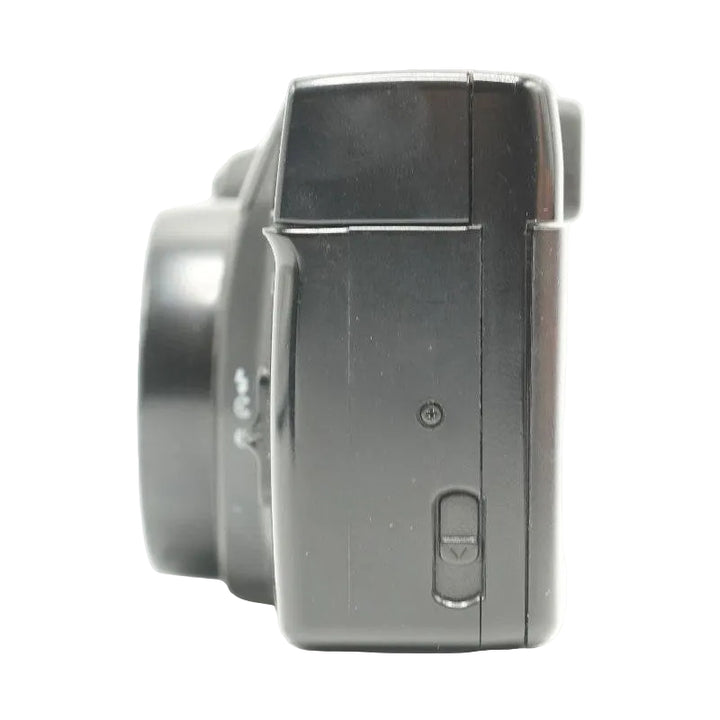 ClubCamera.com left side of black Minolta Freedom Zoom 90 with extended zoom barrel and shutter release