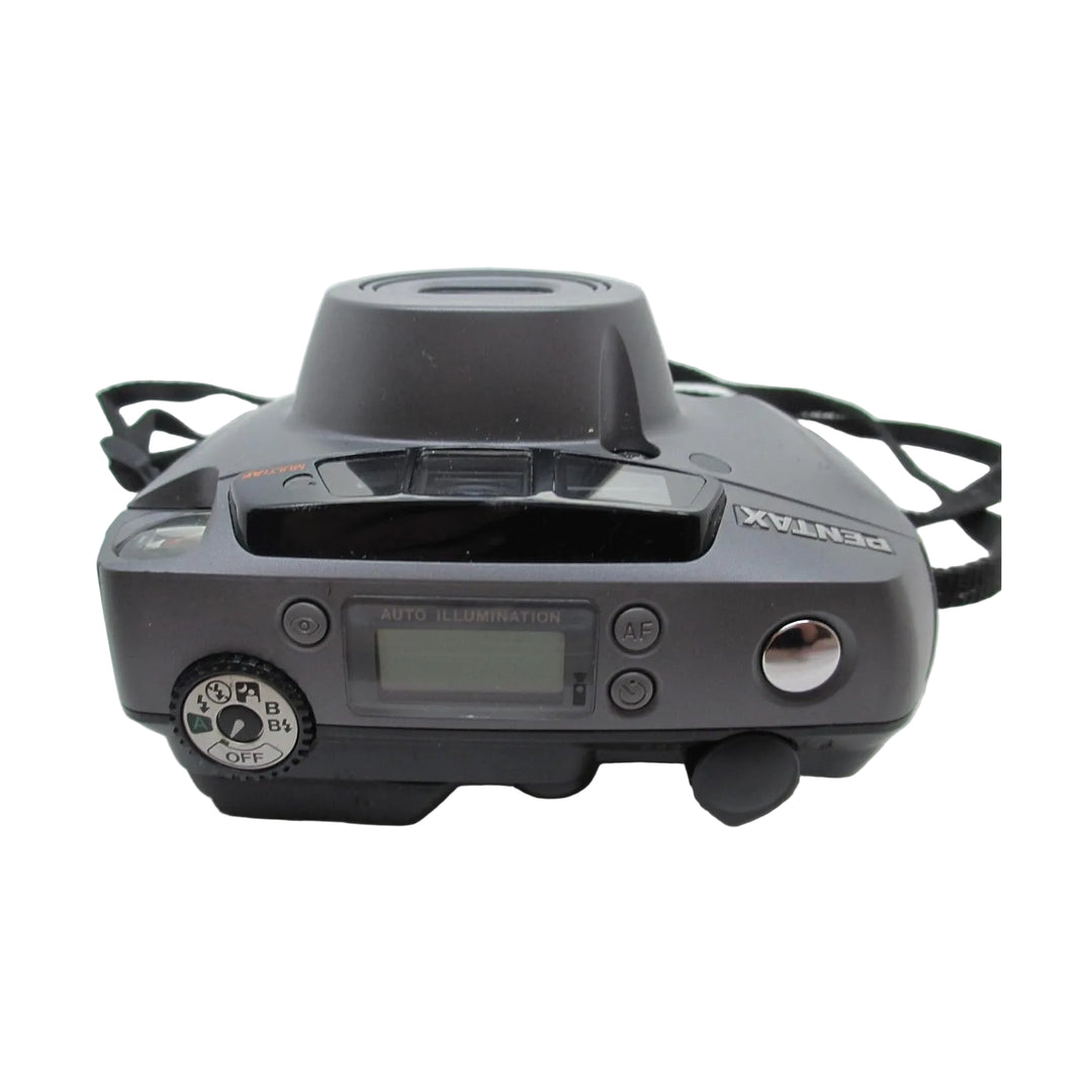 Top-down dark gray Pentax IQZoom 160 showing LCD screen and control dials at ClubCamera.com