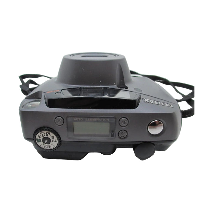 Top-down dark gray Pentax IQZoom 160 showing LCD screen and control dials at ClubCamera.com