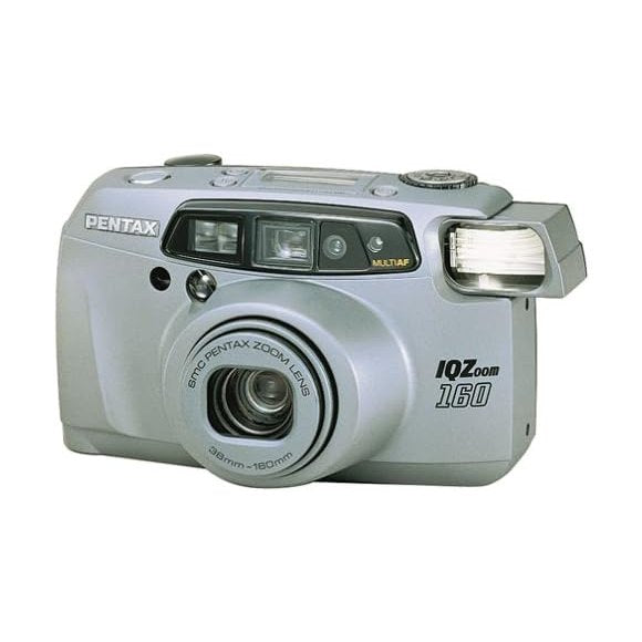 Front silver Pentax IQZoom 160 38-160mm zoom lens camera with extended flash by ClubCamera.com