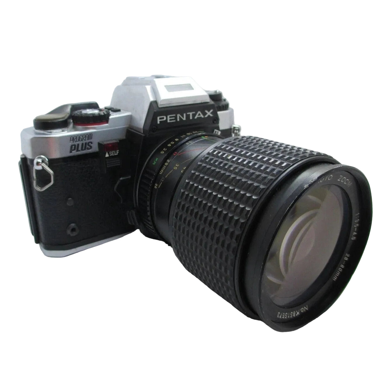 ClubCamera.com front view of Pentax Program Plus 35mm SLR with diamond-pattern grip and self-timer button