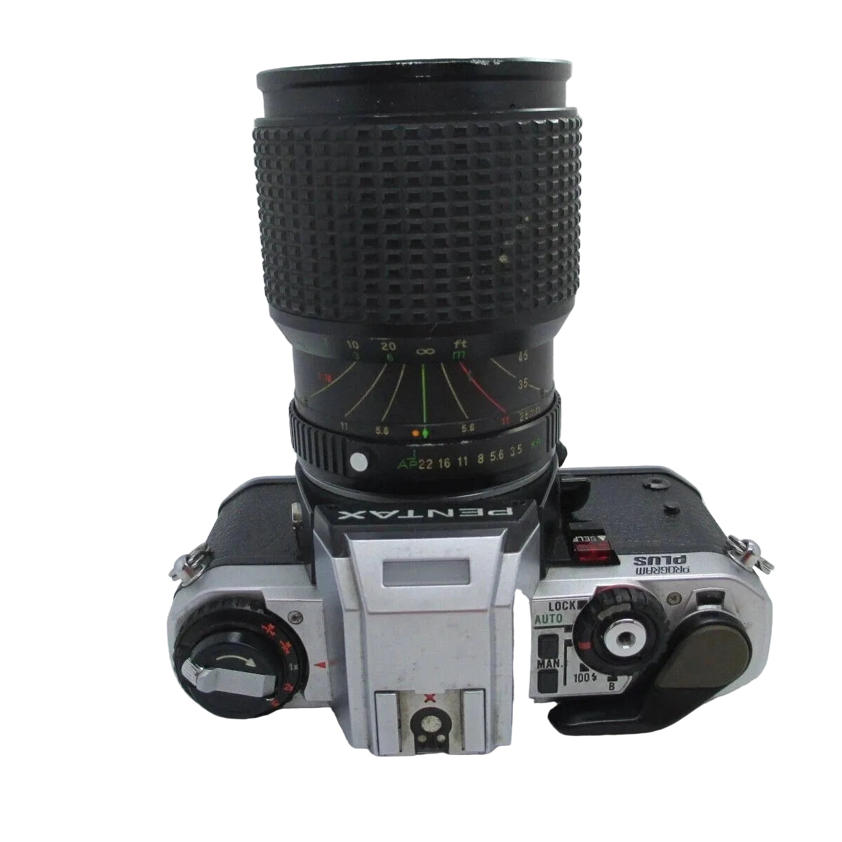 ClubCamera.com Pentax Program Plus silver 35mm SLR camera top view with mode dial and shutter speed selector