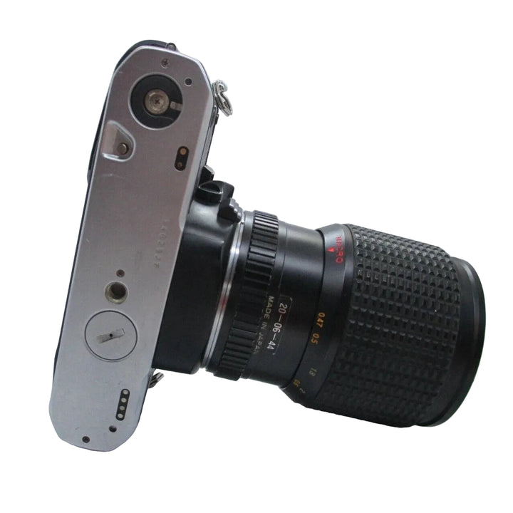 ClubCamera.com Pentax Program Plus side profile showing film rewind crank and 20-60mm zoom lens barrel