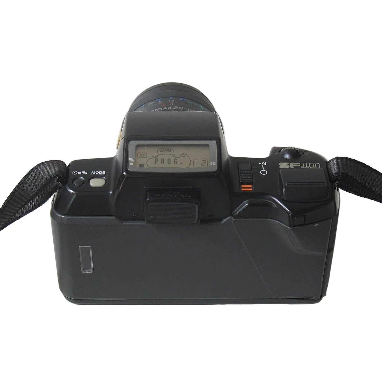 ClubCamera.com Pentax SF10 rear view showing LCD display, mode dial, and orange flash sync indicator