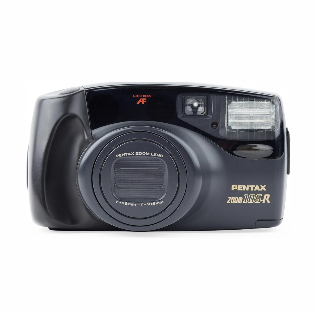 ClubCamera.com angled front view black Pentax Zoom 105R film camera with orange AUTO FOCUS logo and textured grip
