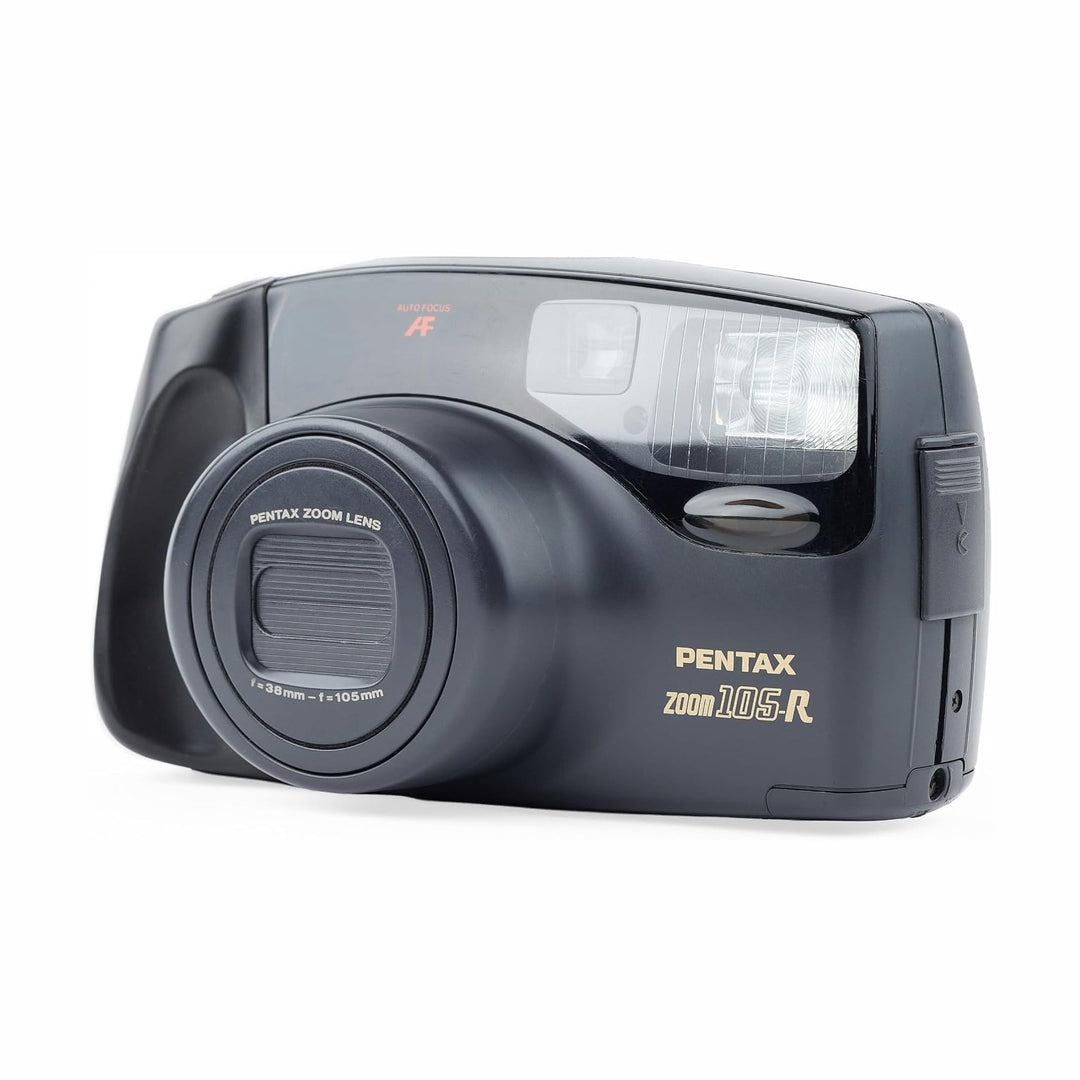 ClubCamera.com three-quarter view black Pentax Zoom 105R 35mm camera with glossy finish and engraved lens specs