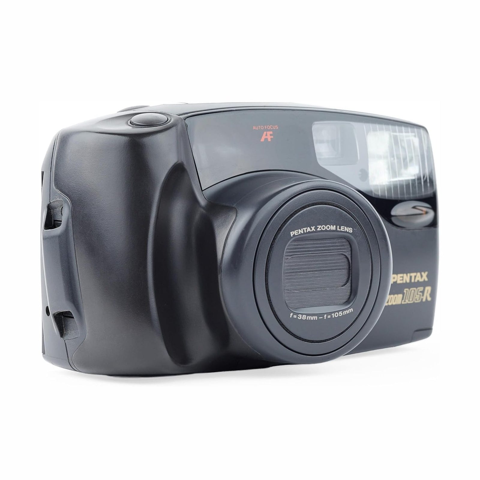 ClubCamera.com front view black Pentax Zoom 105R 35mm camera showing PENTAX ZOOM LENS cap and gold branding