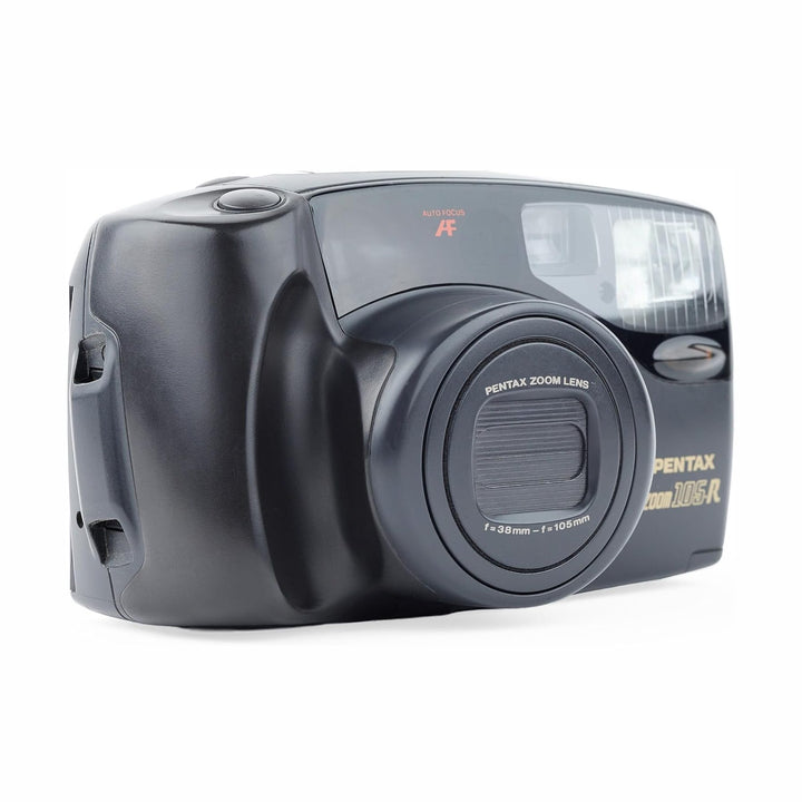 ClubCamera.com front view black Pentax Zoom 105R 35mm camera showing PENTAX ZOOM LENS cap and gold branding